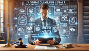 律師審閱線上娛樂城合法性，螢幕展示多個與博弈相關的法律要素。